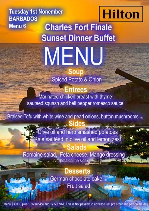 Menu 6 Sunset Charles fort Dinner Buffet Tue 1st Nov copy